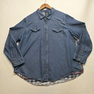 Justify Women's Denim Front Aztec Back Long Sleeve Shirt Size 1X